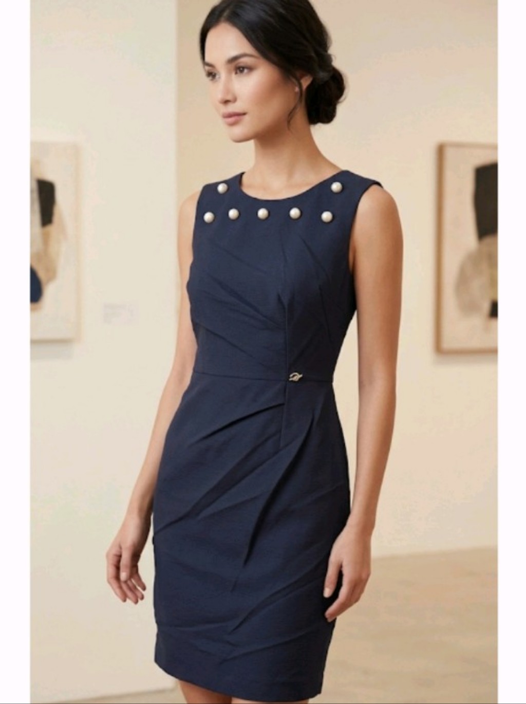 Blumarine Pearl Neck Buttoned Knee Length Pencil Cocktail Black Dress Sz 44/L